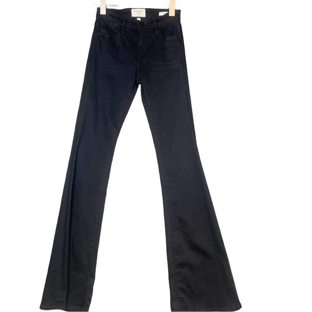 NEW! Frame Mid Rise Flare Deepest Navy Dark Wash 25”W 34”L Super Stretchy Jeans